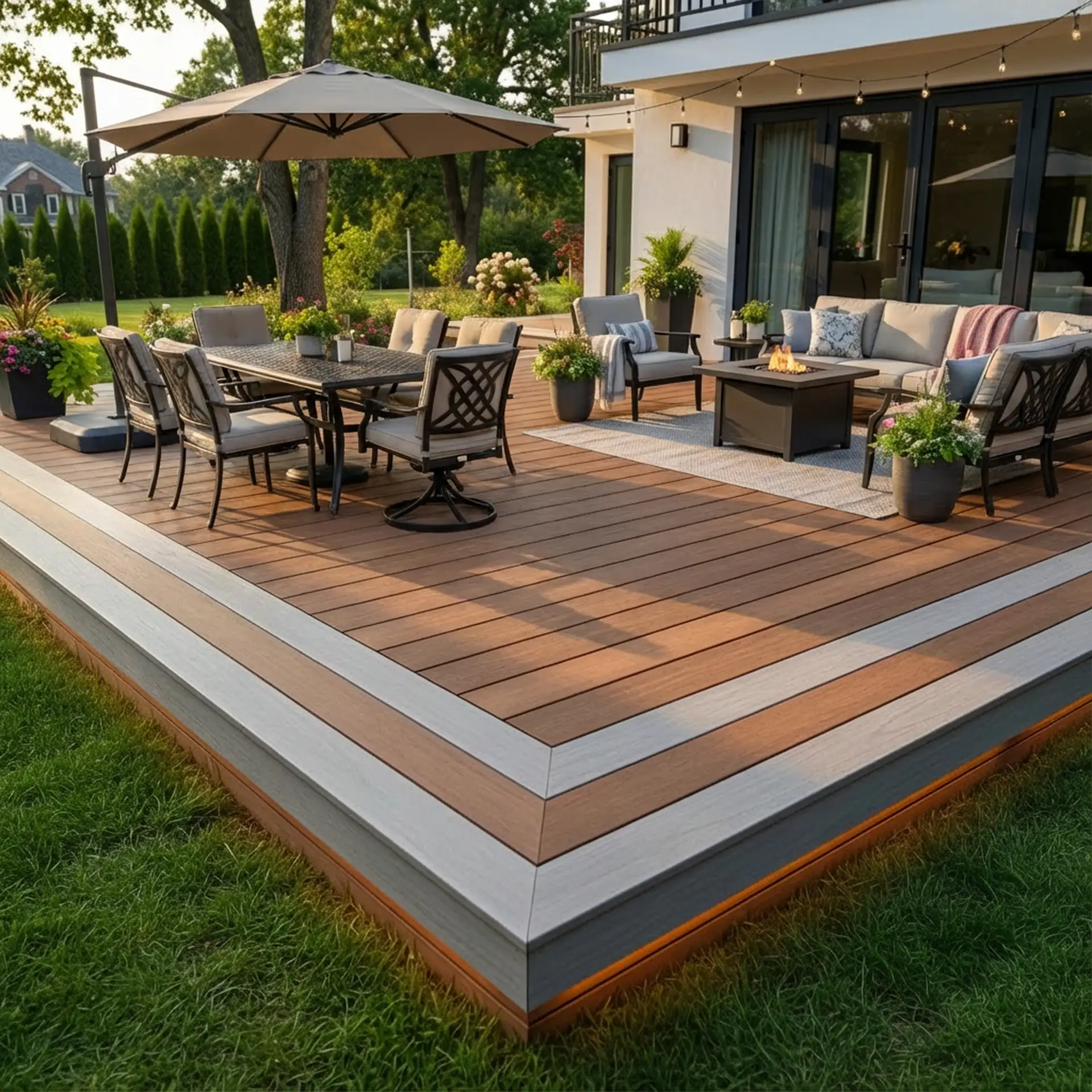 Composite Deck Picture Frame vs Not An elevated outdoor deck made of warm brown composite decking. A broad light gray trim borders the edge, which also features a layered trim of thin brown, dark gray, and light gray sections. The deck is furnished with a dining set, an outdoor seating area with a fire pit.